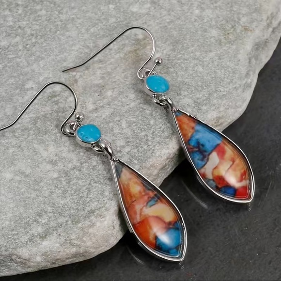 .925 Silver Plated BOHO Natural Turquoise Gemstone Earring - Picture 5 of 5